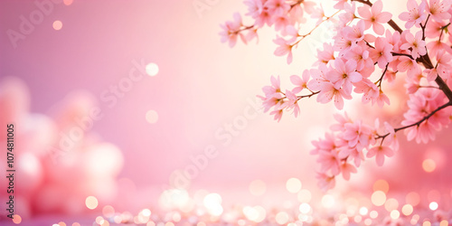 Delicate pink cherry blossoms on a branch with a soft, dreamy pink bokeh background, symbolizing spring and renewal.