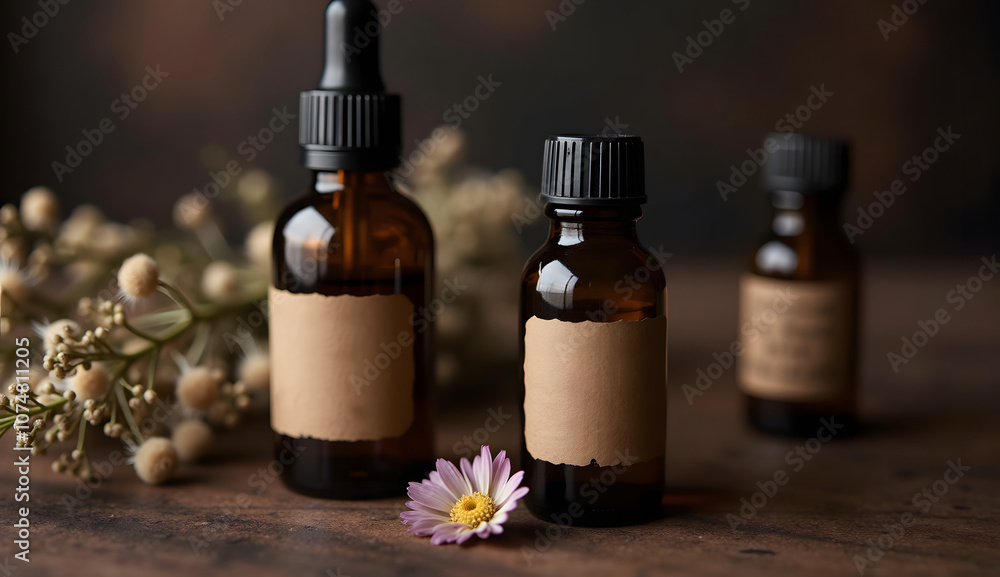 Essential oil bottles with labels and a flower on a rustic wooden surface Essential oil bottles with labels and a flower on a rustic wooden surface