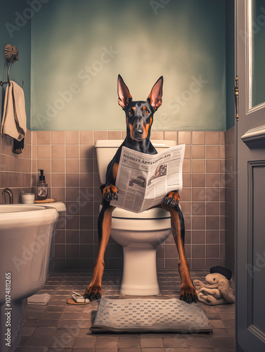 Dobermann sitzt auf der Toilette und liest Zeitung, Toilettenbilder mit Hund, Haustier Portrait Toilettenschild, Lustige Toiletten Regeln mit einem Hund,  photo