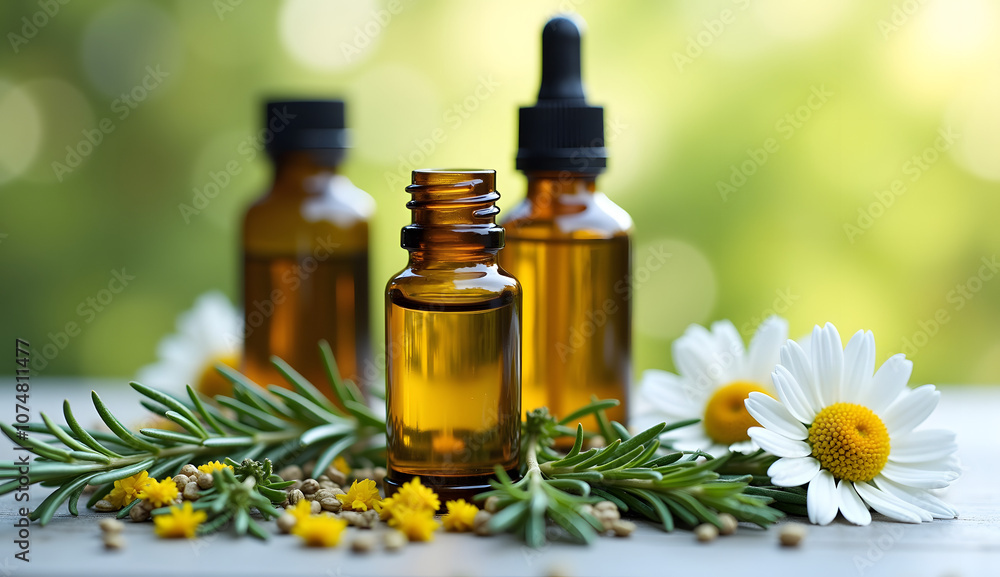 Essential oil bottles with rosemary and chamomile on a blurred background Essential oil bottles with rosemary and chamomile on a blurred background