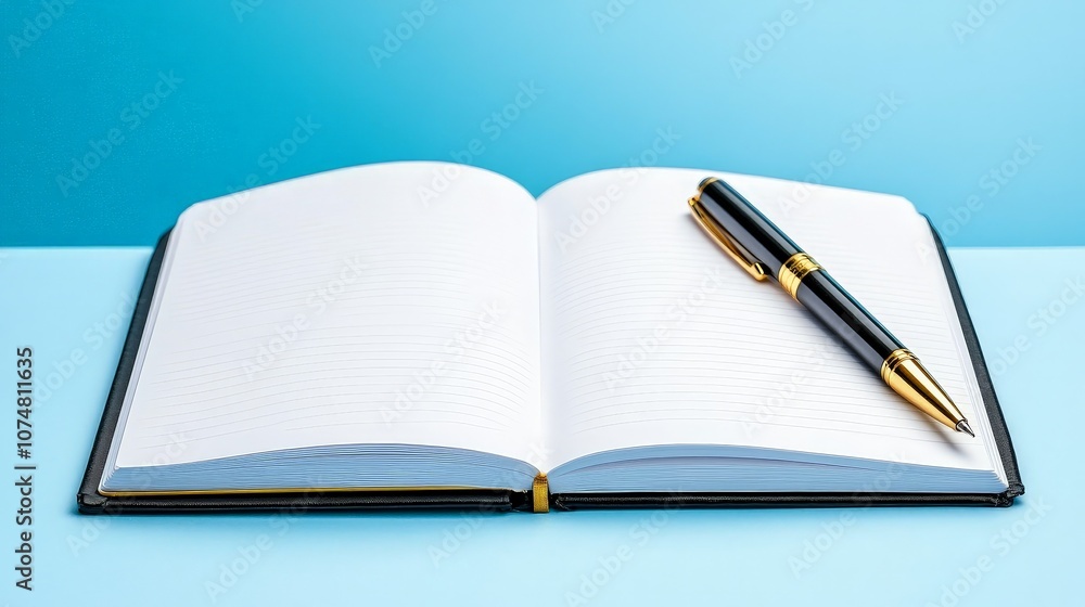 Open Notebook with Pen on Light Blue Background Open Notebook with Pen on Light Blue Background
