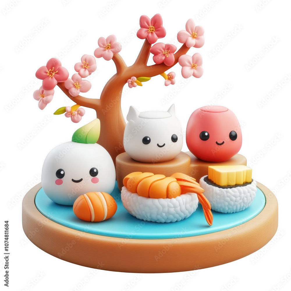 Obraz premium Cute Kawaii Figures in a Whimsical Floral Scene