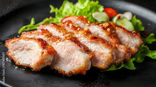 Grilled marinated pork arranged smoothly on a plate.