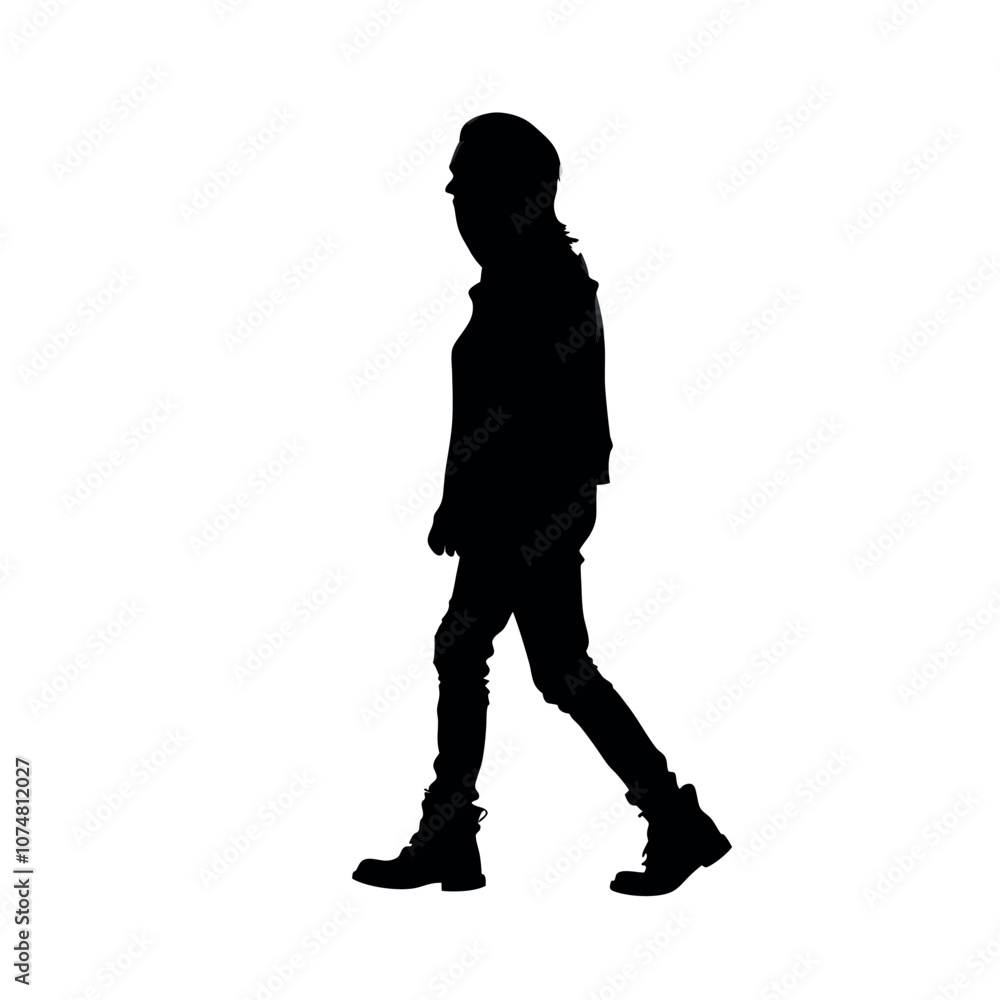 a silhouette of a person wearing a leather jacket, jeans, and boots, walking with a confident, slightly rebellious attitude