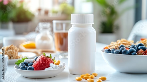 Healthy breakfast setting with vitamins, fruits, and cereal for a balanced diet. photo