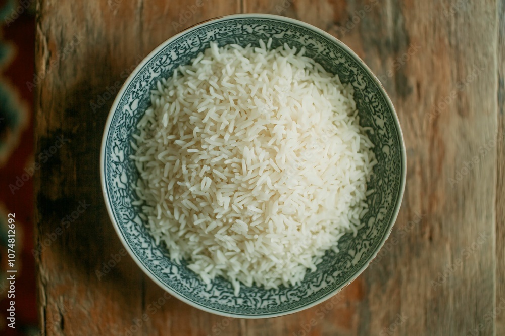 Fresh White Rice in a Decorative Bowl on Rustic Table Fresh White Rice in a Decorative Bowl on Rustic Table