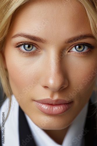 A close-up portrait showing the skin of a white-blonde woman with blue eyes