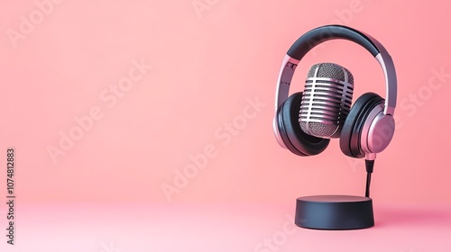 A vintage microphone with headphones around the top against a pink background.
