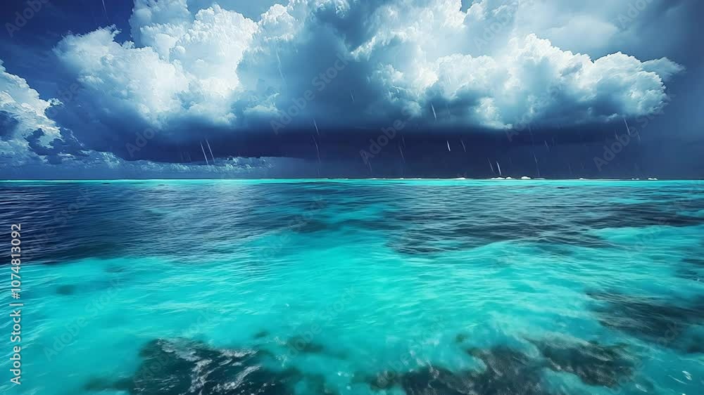 Aerial view of a vast turquoise ocean with a dramatic stormy sky. Aerial view of a vast turquoise ocean with a dramatic stormy sky.