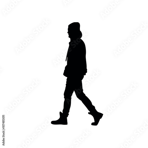 a silhouette of a person wearing a leather jacket, jeans, and boots, walking with a confident, slightly rebellious attitude