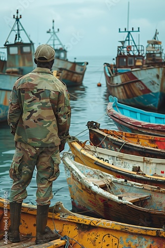 Maritime patrol conducting checks on fishing vessels for compliance with environmental and fishing laws photo