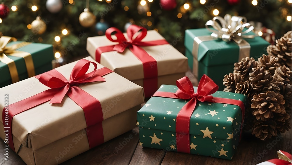 Wrapped gifts under a decorated christmas tree, christmas wallpaper, commercial banner Wrapped gifts under a decorated christmas tree, christmas wallpaper, commercial banner