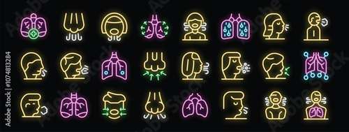 Bright neon icons illustrating various aspects of respiratory health, breathing exercises, and lung conditions