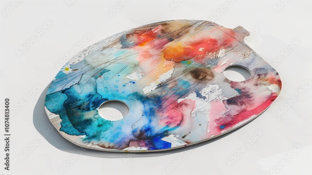 Fototapeta premium A wooden artist's palette with colorful paint splatters.