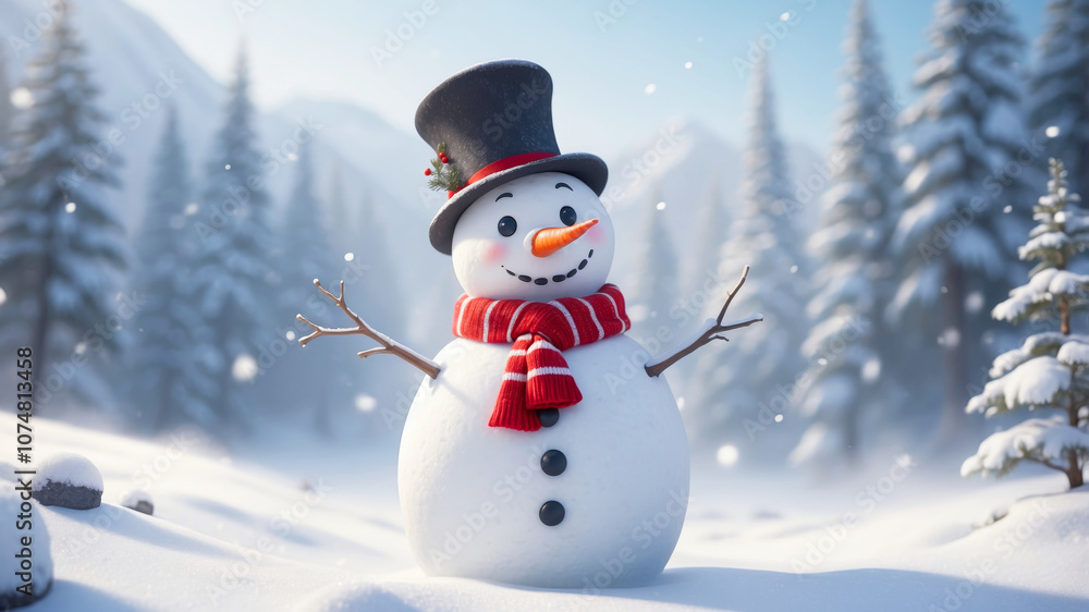 Obraz premium Winter holiday scene with a smiling snowman in the snow