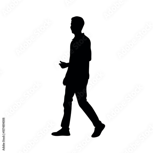 a silhouette of a person wearing a polo shirt and chinos, walking in a casual but neat manner