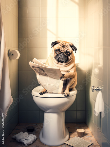 Mops sitzt auf der Toilette und liest Zeitung, Toilettenbilder mit Hund, Haustier Portrait Toilettenschild, Lustige Toiletten Regeln mit einem Hund, 