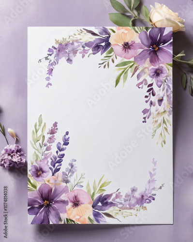 Wedding invitation featuring soft watercolor flower border.