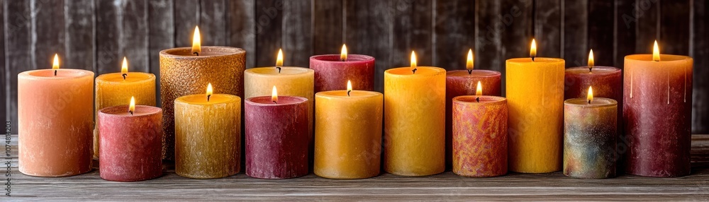 A collection of lit candles in various colors and sizes arranged on a wooden surface. A collection of lit candles in various colors and sizes arranged on a wooden surface.