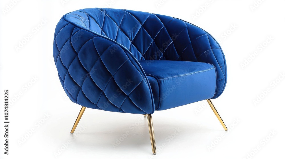 Naklejka premium A stylish blue upholstered armchair with a quilted design and gold legs, ideal for modern interiors.