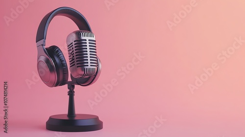 A vintage microphone with headphones around the top against a pink background.
