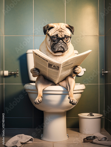 Mops sitzt auf der Toilette und liest Zeitung, Toilettenbilder mit Hund, Haustier Portrait Toilettenschild, Lustige Toiletten Regeln mit einem Hund, 
