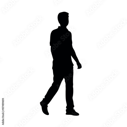 a silhouette of a person wearing a polo shirt and chinos, walking in a casual but neat manner