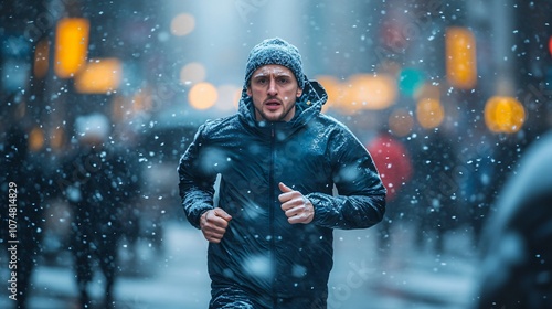 A determined man runs through a bustling city street during a heavy snowfall, highlighting endurance and resilience amidst challenging weather conditions.