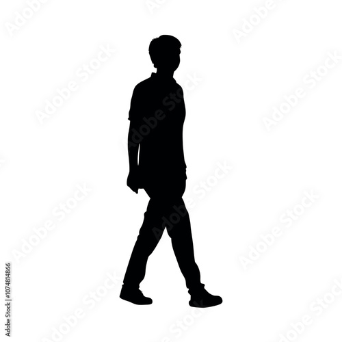 a silhouette of a person wearing a polo shirt and chinos, walking in a casual but neat manner