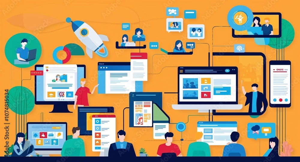 Online community and forum visuals in illustration background Online community and forum visuals in illustration background