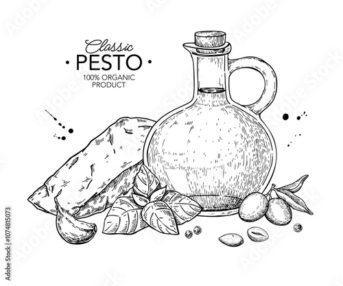 Pesto sauce ingredients vector drawing. Traditional italian pasta and salad dressing. Food sketch hand drawn sketch