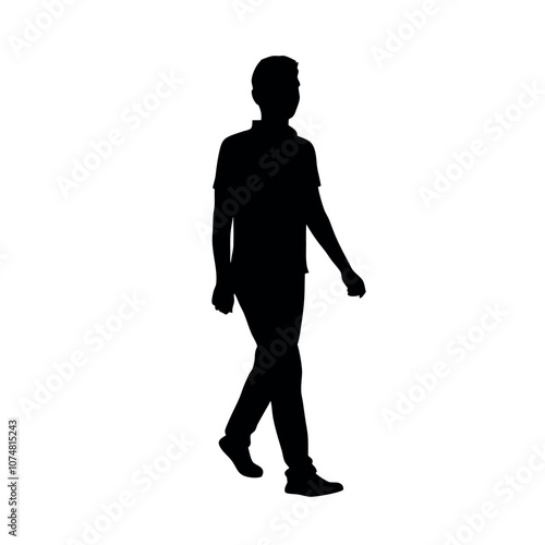 a silhouette of a person wearing a polo shirt and chinos, walking in a casual but neat manner