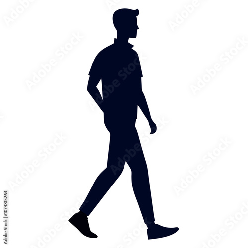 a silhouette of a person wearing a polo shirt and chinos, walking in a casual but neat manner
