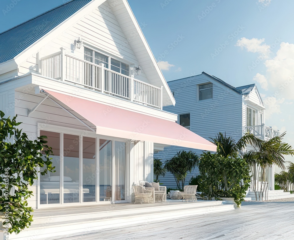 Fototapeta premium Beautiful beach home with white walls, silver roofing, and blush-colored awning.