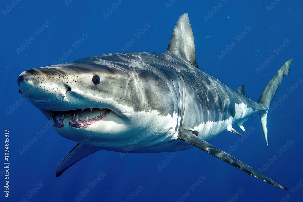 Naklejka premium Great White Shark Swimming in Open Ocean