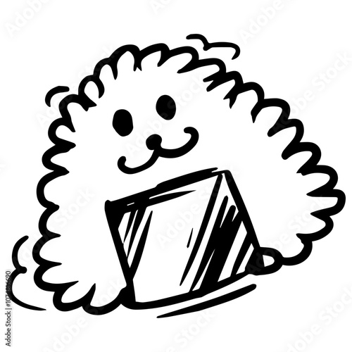 A fluffy cartoon dog joyfully holding a block while surrounded by playful, curly fur in a whimsical style