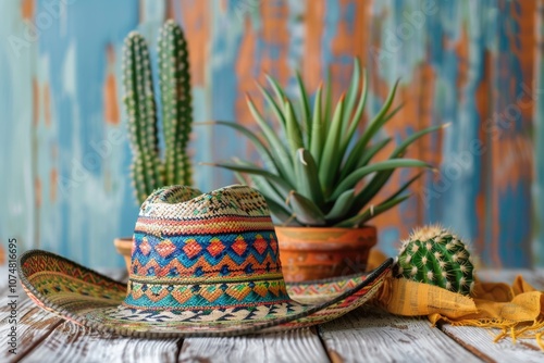 Colorful Southwestern Themed Hat and Desert Plants Decoration photo