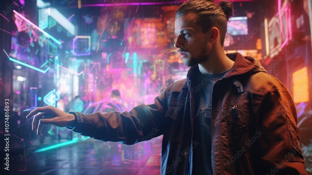 Fototapeta premium Man Interacting with Holographic Interface in Futuristic City