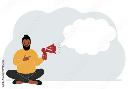 A man with a mouthpiece in his hand sits cross-legged. From loudspeaker bubbles to accommodate text. Vector flat illustration