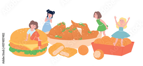 Children and fast food. Cute girls happined chicken fried legs, nuggets and tasty balls. Tiny characters and food, unhealthy lifestyle, vector concept