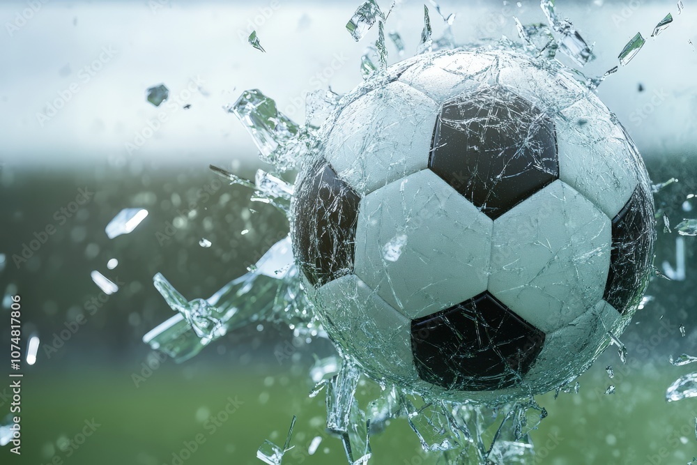 Naklejka premium Soccer Ball Breaking Through Shattered Glass