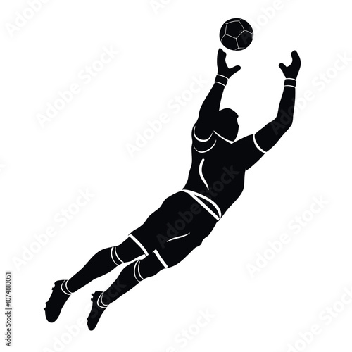 A soccer goalkeeper dives forward and to his right, arms outstretched silhouette