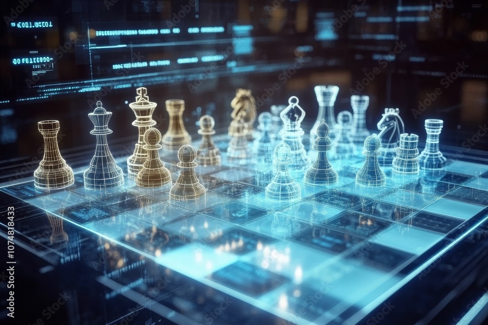 Wireframe chess pieces on a digital board. Wireframe chess pieces on a digital board.