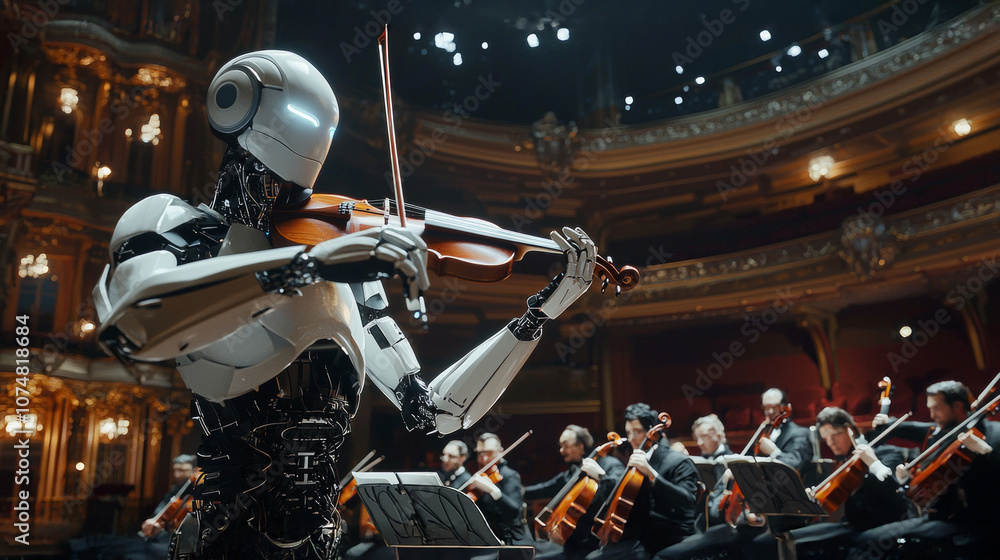highly advanced robot expertly conducts live symphony featuring several violinists dressed tuxedos grand opera house captivating audience its precision. highly advanced robot expertly conducts live symphony featuring several violinists dressed tuxedos grand opera house captivating audience its precision.