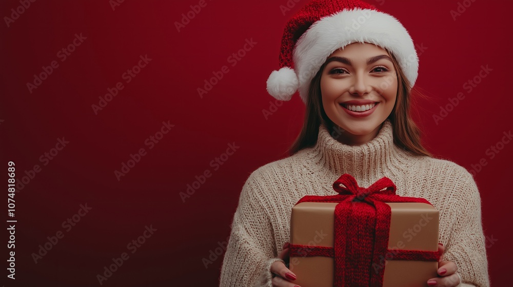 A woman in a Santa hat smiles while holding a gift in front of a red background A woman in a Santa hat smiles while holding a gift in front of a red background