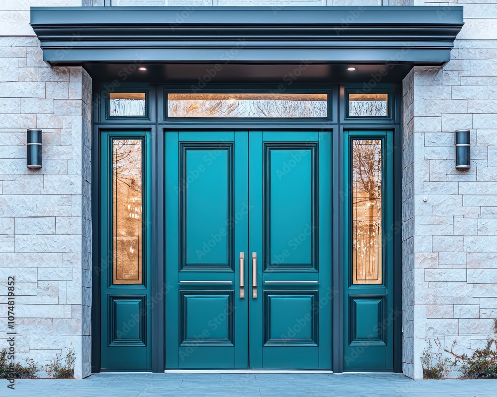 Elegant home entry with teal double doors and glass features from the side. Elegant home entry with teal double doors and glass features from the side.