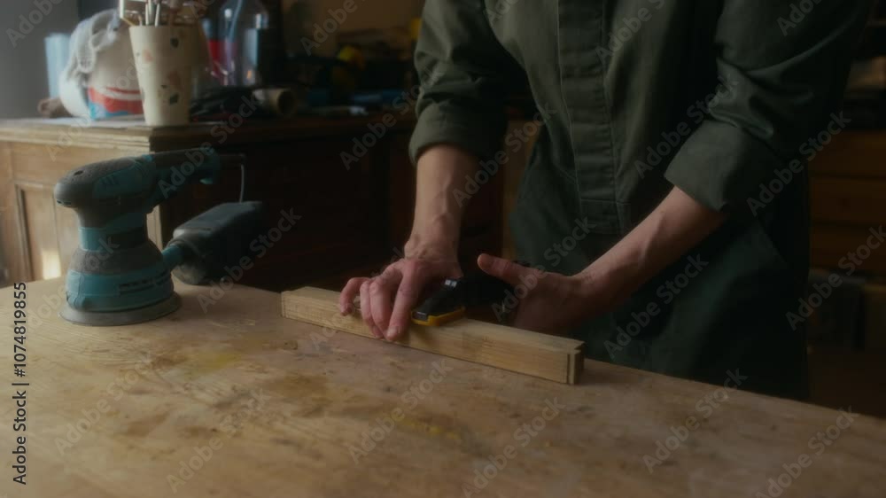 Midsection shot of middle-aged female carpenter in overall fixing wood strip on table using vise during workday in furniture restoration garage workshop Midsection shot of middle-aged female carpenter in overall fixing wood strip on table using vise during workday in furniture restoration garage workshop