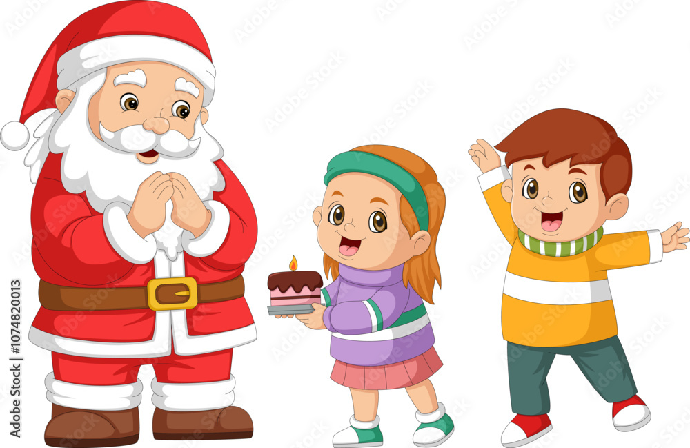 Children give a surprise to Santa Claus with a birthday cake Children give a surprise to Santa Claus with a birthday cake