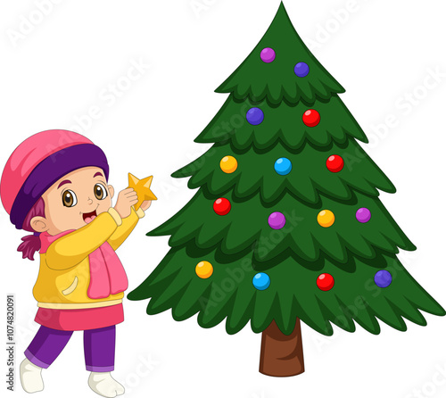 happy cute kid girl decorates christmas tree. Funny cartoon character. Vector illustration. Isolated on white background