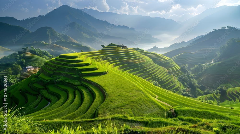 Aerial View Terraced Rice Fields on Mountain in Early Morning Light Aerial View Terraced Rice Fields on Mountain in Early Morning Light